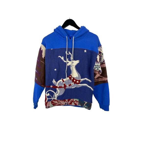 VTG Christmas Deer Reworked Hooded Sweatshirt Sz M - Picture 1 of 5